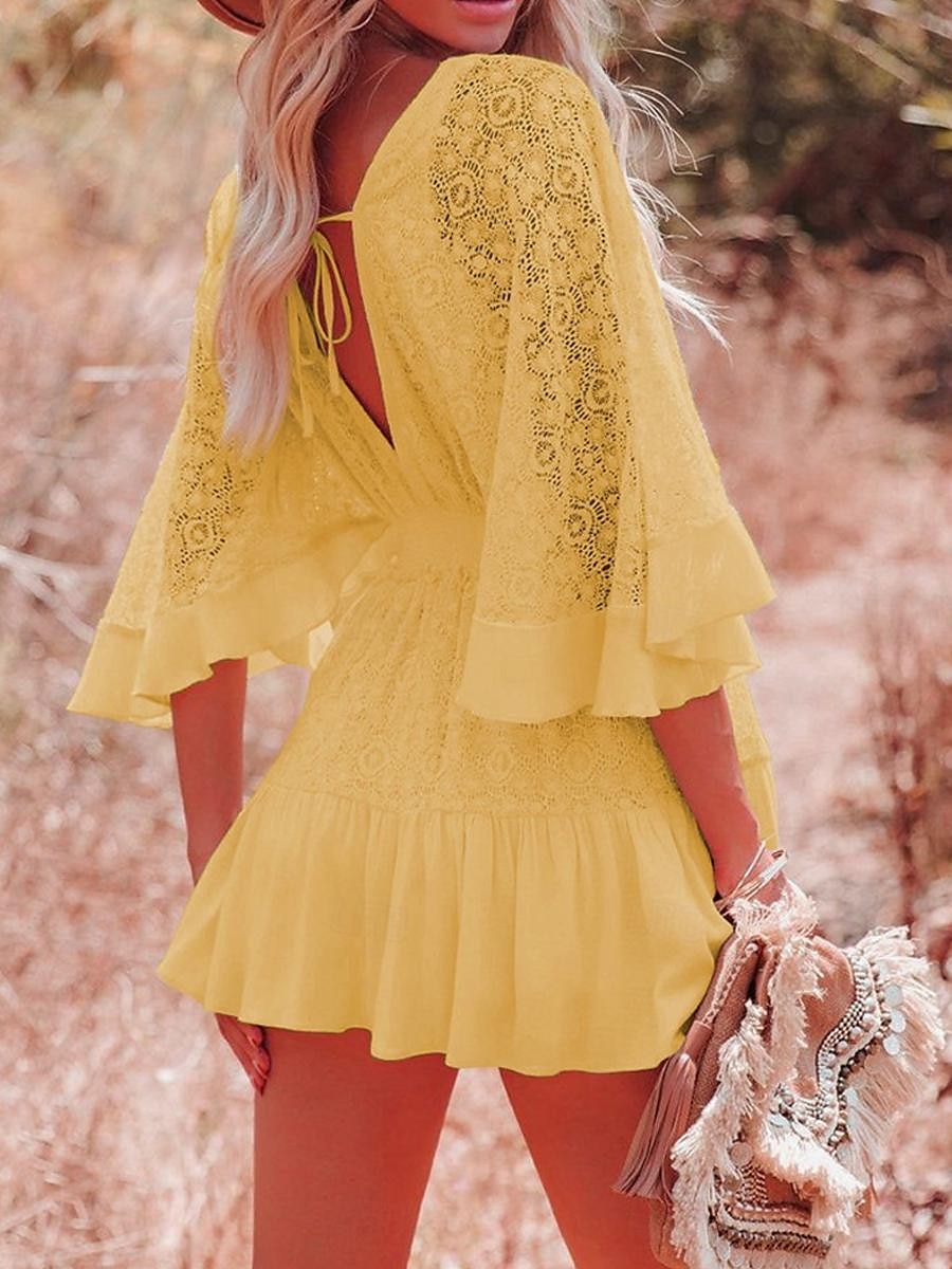 Women's Mini Dress White Dress Lace Dress Boho Chic Dresses Boho Dress Bohemia A Line Date Regular Fit 3/4 Length Sleeve V Neck Black White Yellow Pink Summer Spring 2025 - $41.99 –P14