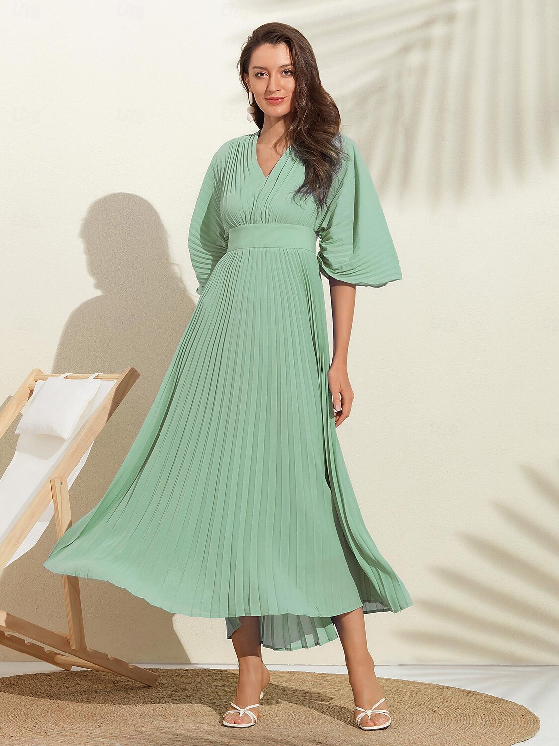 robe d'invité de mariage pour femme maxi bleu col en v manches dolman plissée en mousseline de soie de 2025 ? $82.99 –P10