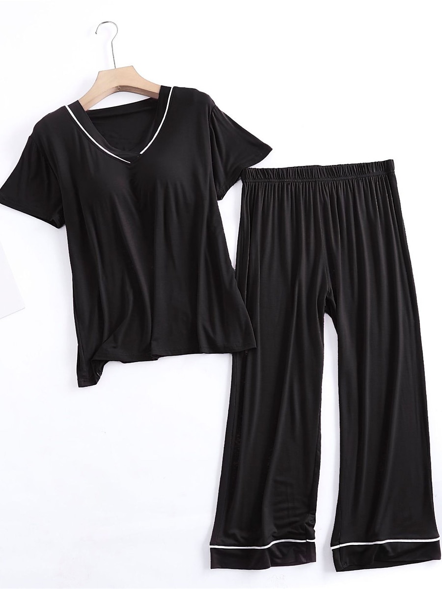 Women's Pajamas Sets Pure Color Fashion Simple Comfort Home Daily Bed Modal Breathable V Wire Short Sleeve T shirt Tee Pant Chest pads Summer Home Outfits 2025 - $29.99 –P2