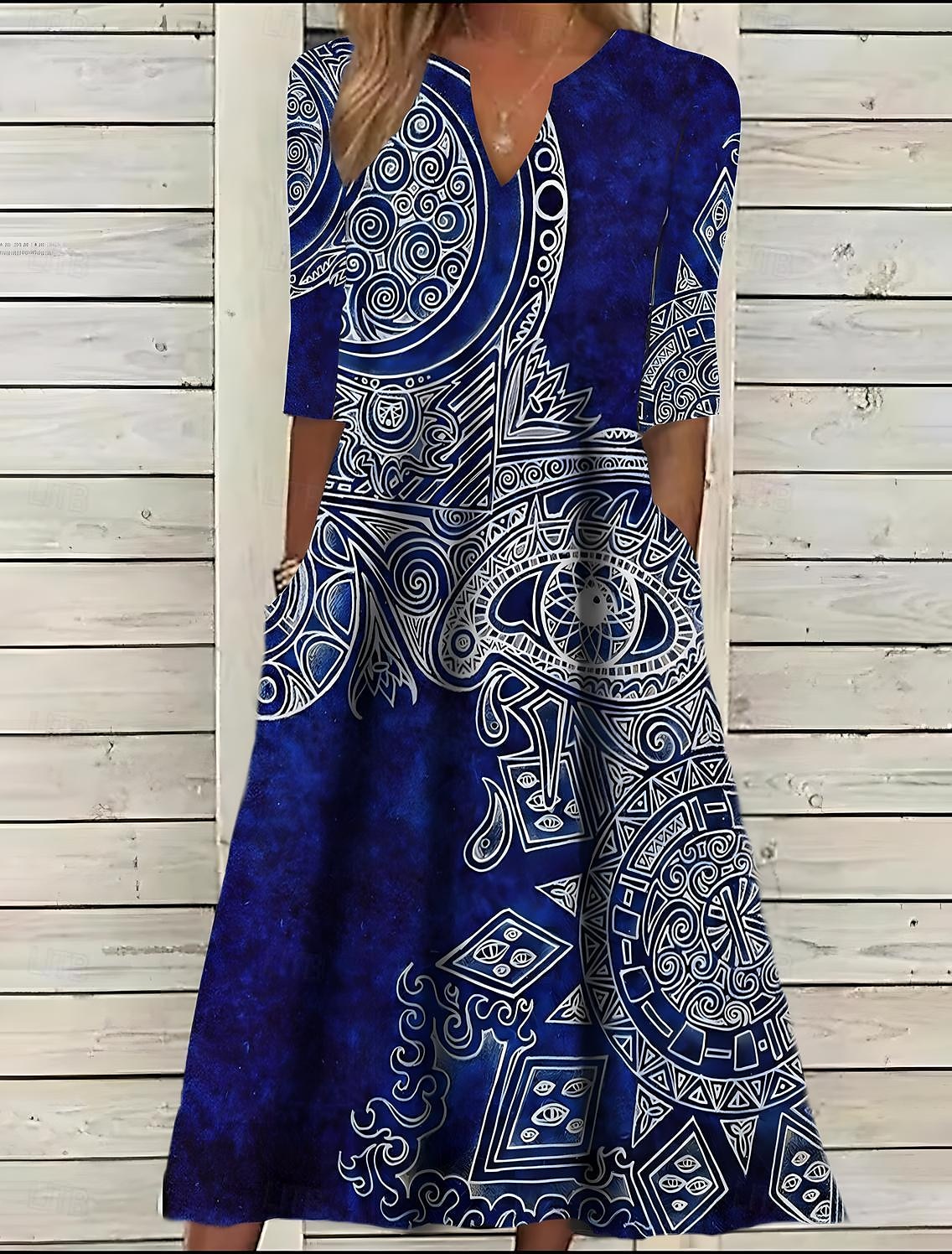 Mujer Vestido Midi Vestido Étnico Vestido de verano Vestido Estampado Vintage Étnico Tribal Exterior Diario Cita Ajuste regular Floral Tribal Media Manga cuello partido Negro Verano Primavera 2026 - $43.99 –P2