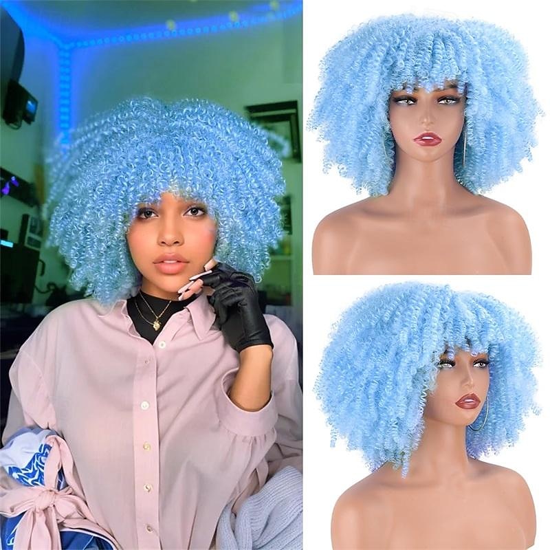 Afro Kinky Curly Wig with Bangs 12 Inches Synthetic Full Wigs Heat Resistant Short Kinky Curly Wigs for Daily Party Halloween Wigs 2025 - $21.99 –P12