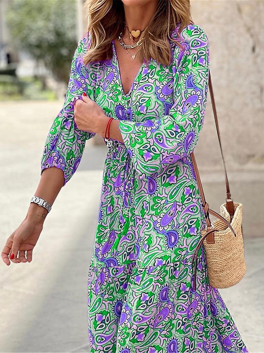 Damen kleid lang Paisley-Kleid Casual kleid Boho Chic Kleider Boho-Kleid Böhmen Ethnisch A-Linie Urlaub Strasse Festtage Lockere Passform Paisley-Muster Langarm V Ausschnitt Rosa Blau Grün Sommer 2025 - $52.99 –P10