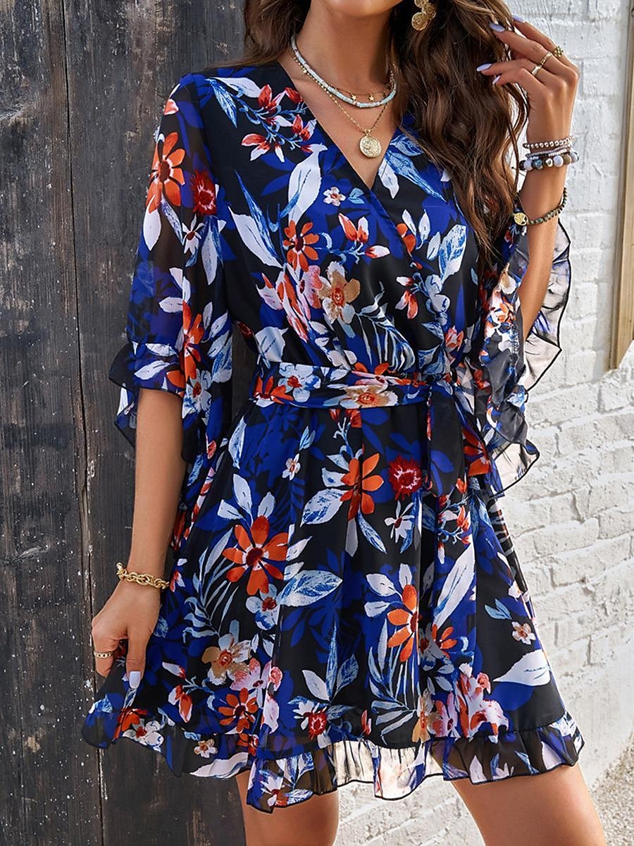 női alkalmi ruha virágos fűzős print v nyak mini ruha boho vakáció 3/4 hosszú ujjú nyár 2025 - $41.99 –P12