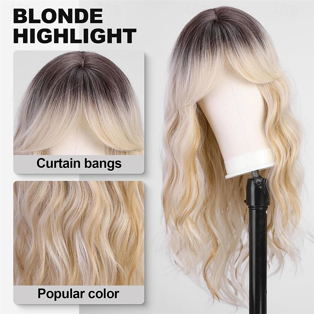 ombre vuile blonde pruiken met ponyblond lang golvend pruik voor dameslang krullend synthetisch haar pruik voor feest dagelijks gebruik 24in 2025 - $29.99 –P4