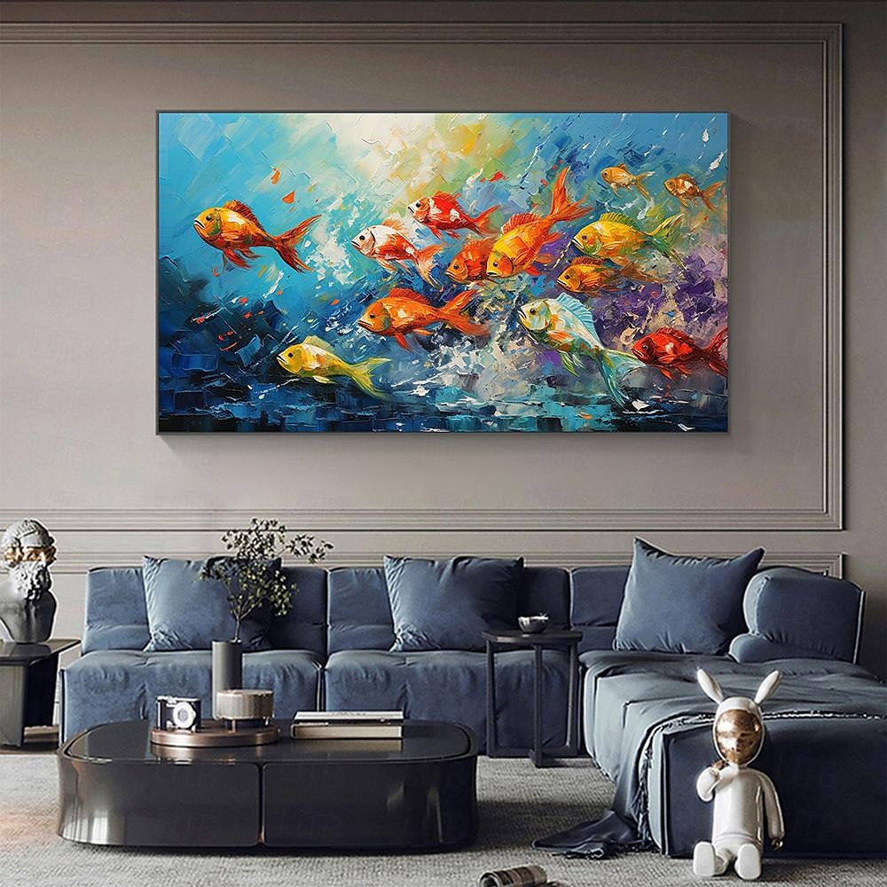 Peinture à l'huile de poissons nageurs peints à la main sur toile, peinture animale extra large, art mural fait à la main, art abstrait de poisson, peinture personnalisée, décoration minimaliste pour de 2025 ? $61.99 –P4