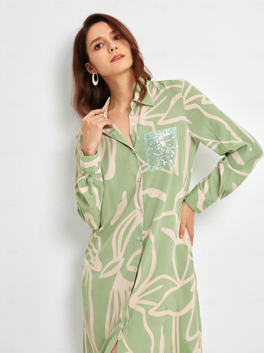 vestido camisa floral simples com lantejoulas de 2025 por $5.59 –P4