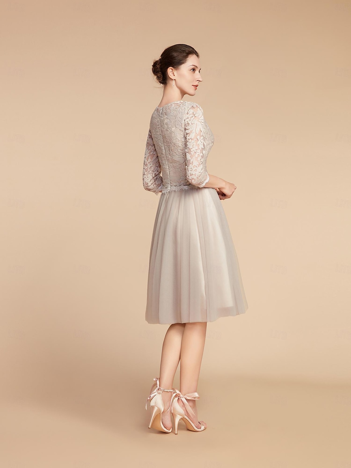 A-Line Mother of the Bride Dress Wedding Guest Elegant Petite Crew Neck Knee Length Lace Tulle Half Sleeve with Pleats Solid Color 2025 2025 - $61.99 –P4