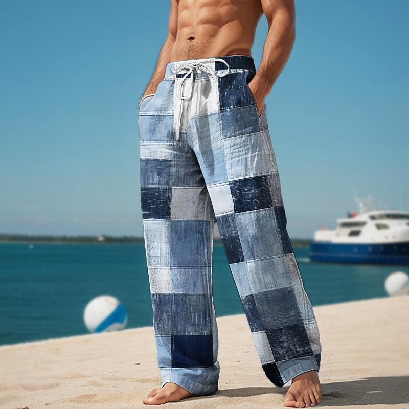 Pantalon décontracté imprimé en 3D à carreaux color block pour hommes, taille élastique, cordon de serrage, coupe ample, jambe droite, pantalon de plage d'été s à 3xl de 2026 ? $27.99 –P1