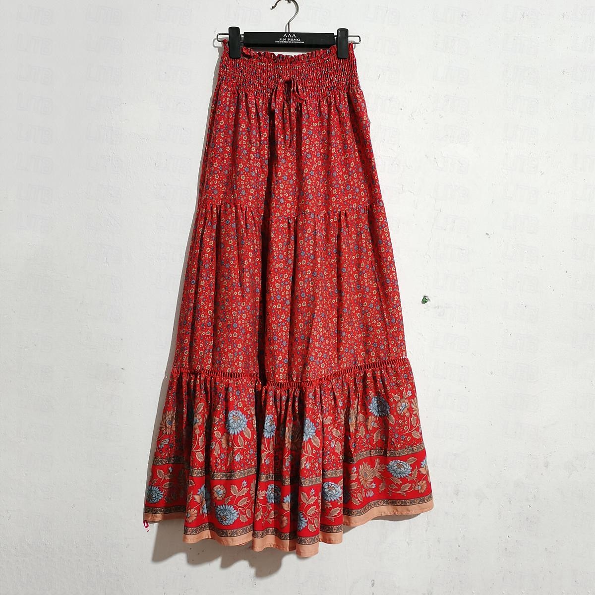 spódnica damska linia swing bohemia maxi spódnice z wysokim stanem kwiatowy wzór kwiatowy wakacje wakacje lato casual boho morela czerwony 2025 - $26.99 –P9