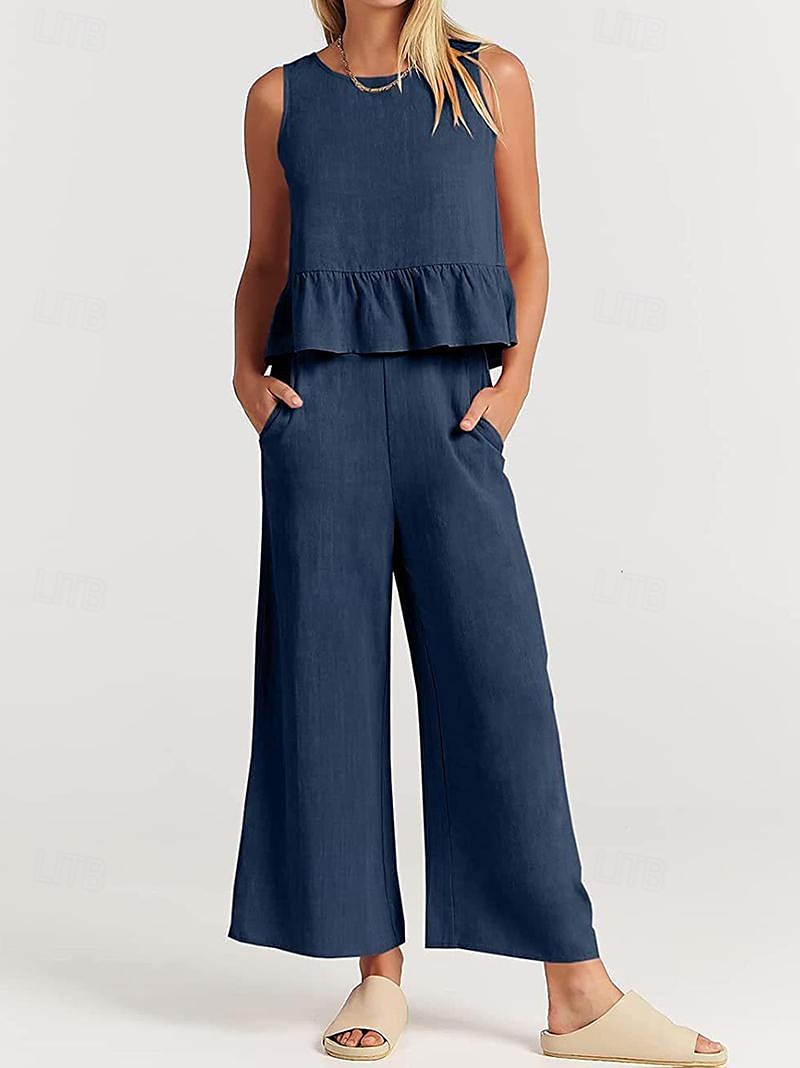 Linen Set Tank Cotton Linen Shirts Set Women's Black Army Green Navy Blue Solid Color Ruffle 2 Piece Street Daily Fashion Round Neck Cotton Linen Regular Fit S 2025 - $38.99 –P6