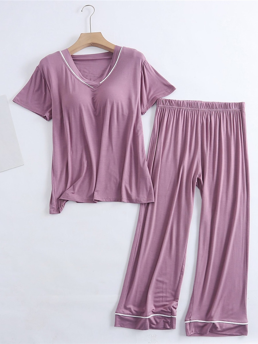 Women's Pajamas Sets Pure Color Fashion Simple Comfort Home Daily Bed Modal Breathable V Wire Short Sleeve T shirt Tee Pant Chest pads Summer Home Outfits 2025 - $29.99 –P10