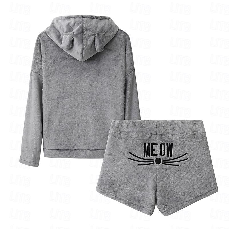 tuta da casa da donna set 2 pezzi animale gatto caldo peluche comfort casa strada quotidiano pile felpa con cappuccio manica lunga felpa con cappuccio pantaloncini elastico in vita fa casa abiti del 2025 a $25.99 –P2