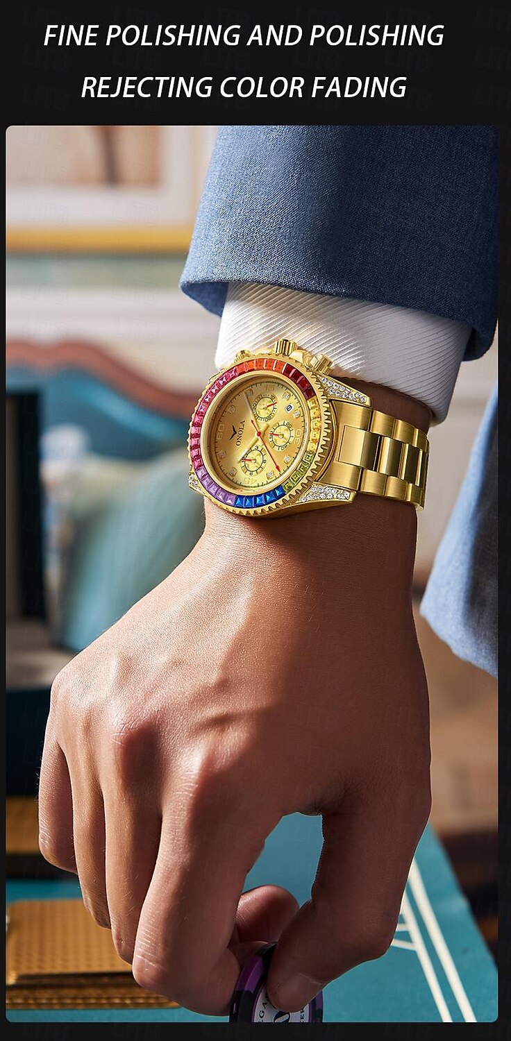 ONOLA Luxury Iced Watches Men Automatic Date Multifunctional Steel Clocks Fashion Rainbow Diamond Quartz Wristwatch 2025 - $48.99 –P3