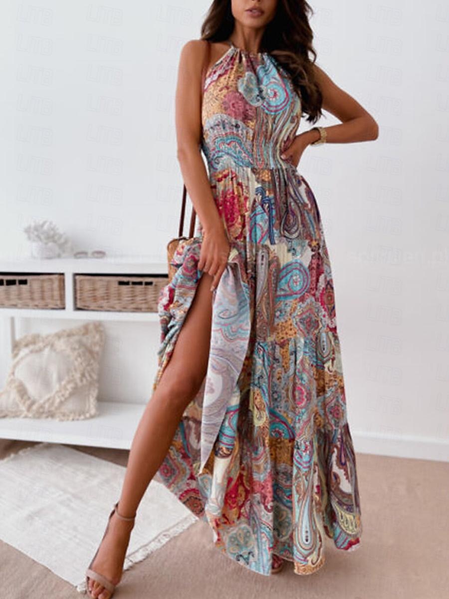 Dame Lang kjole Maxikjole Uformell kjole Boho elegante kjoler Boho-kjole Bohem Gatemote A-linje Feriereise Gate Ferie Normal Blomstret Paisly Ermeløs Grimehals Rød Blå Sommer 2025 - $39.99 –P9