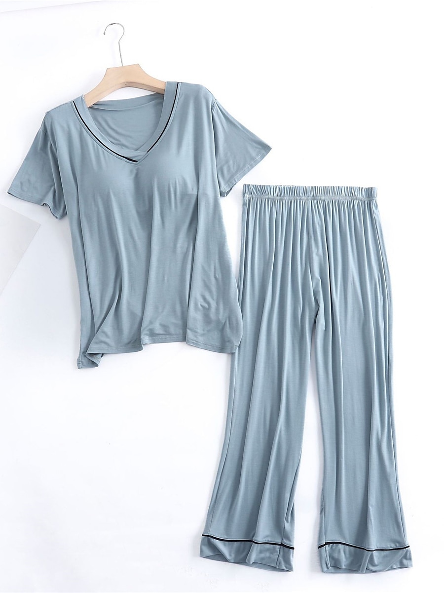 Women's Pajamas Sets Pure Color Fashion Simple Comfort Home Daily Bed Modal Breathable V Wire Short Sleeve T shirt Tee Pant Chest pads Summer Home Outfits 2025 - $29.99 –P5