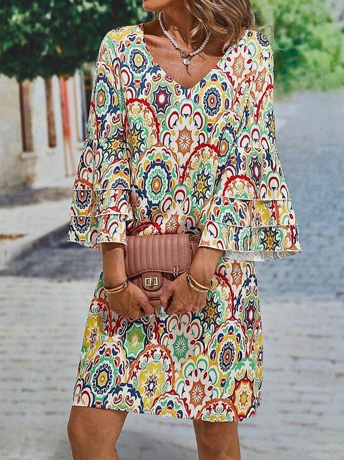 Pentru femei Rochie Mini Rochie casual Rochie de primăvară Șic Stradă Mânecă cu volan Vacanță Stradă Dată Potrivire Largă Floral Lungime Manșon 3/4 În V Galben Vară Primăvară 2025 - $46.99 –P1
