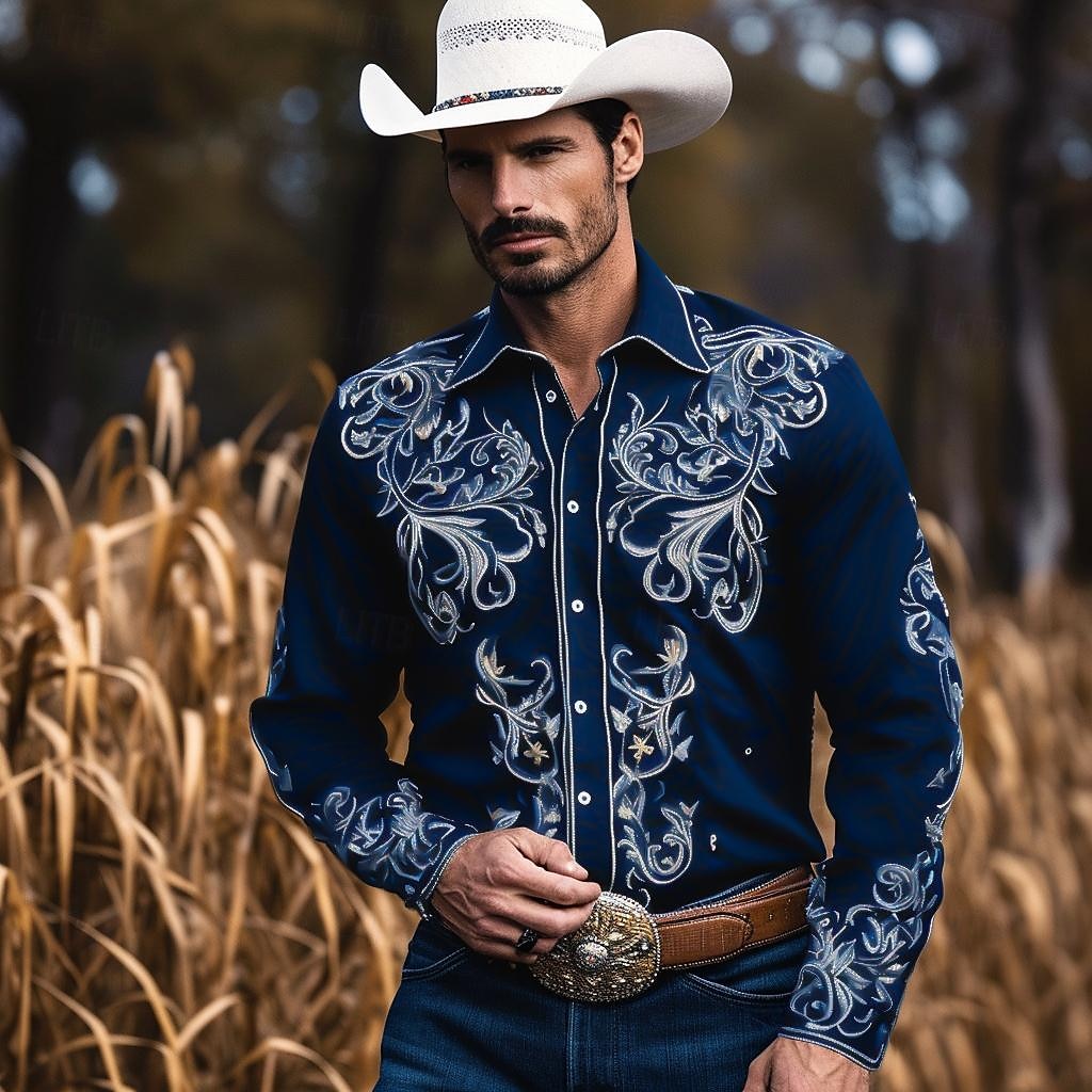 Men's Floral Graphic Prints Leaves Shirt Western Shirt Long Sleeve Shirt Turndown Outdoor Street Black Red Navy Blue Print Button-Down Clothing Apparel Fashion Streetwear Designer Western Style 2025 - $30.99 –P3