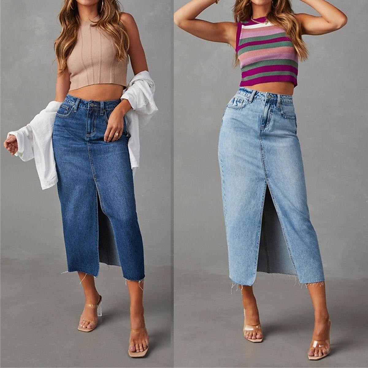 Femme Jupe Trapèze Jupe mi-longue en jean Mode Décontractées Midi Taille haute Jupes Couleur Pleine Poche Pointes fourchues Plein Air du quotidien Bleu Bleu clair Eté Jean de 2025 ? $31.99 –P1