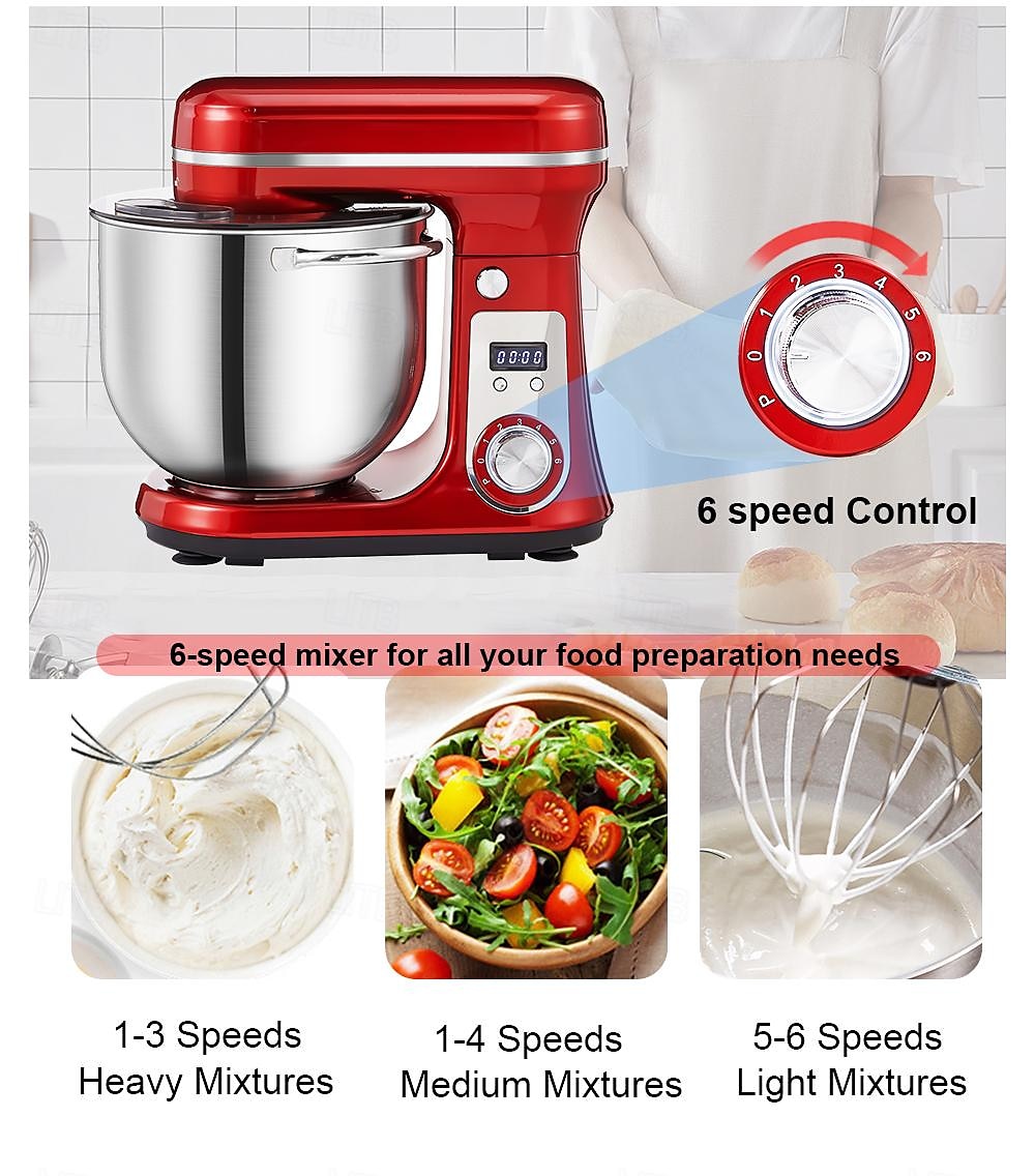 Küchen-Elektro-Standmixer, 6-Gang-Kippkopf-Lebensmittelmixer mit 6,5-qt-Edelstahlschüssel, Knethaken, Flachrührer, Spritzschutzabdeckung 2025 - $208.09 –P7
