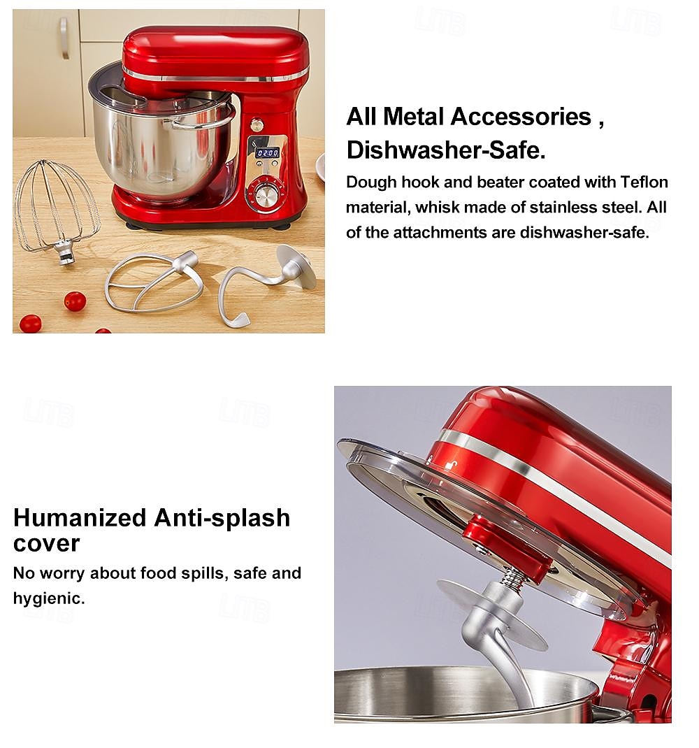 Küchen-Elektro-Standmixer, 6-Gang-Kippkopf-Lebensmittelmixer mit 6,5-qt-Edelstahlschüssel, Knethaken, Flachrührer, Spritzschutzabdeckung 2025 - $208.09 –P9