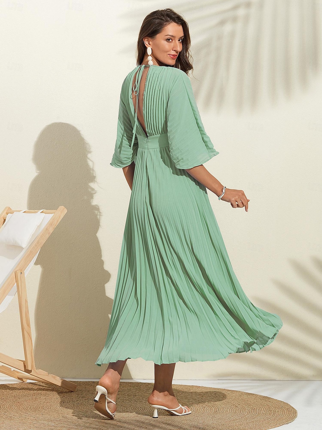 robe d'invité de mariage pour femme maxi bleu col en v manches dolman plissée en mousseline de soie de 2025 ? $82.99 –P14