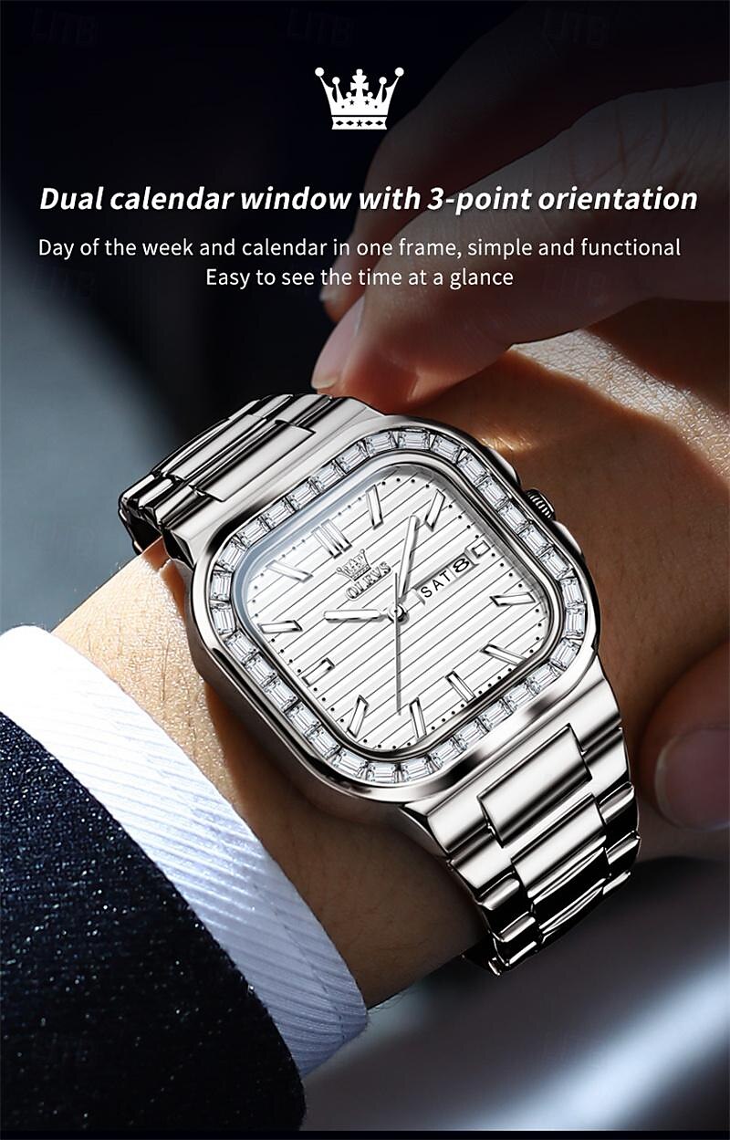 OLEVS miesten tankokello minimalistinen timanttikello muotipuku analoginen kvartsikello miesten kellot suorakulmainen vedenkestävä ruostumaton teräs hohtava päivämääräkello Valentinsdaglahja miehille 2026 - $41.99 –P9