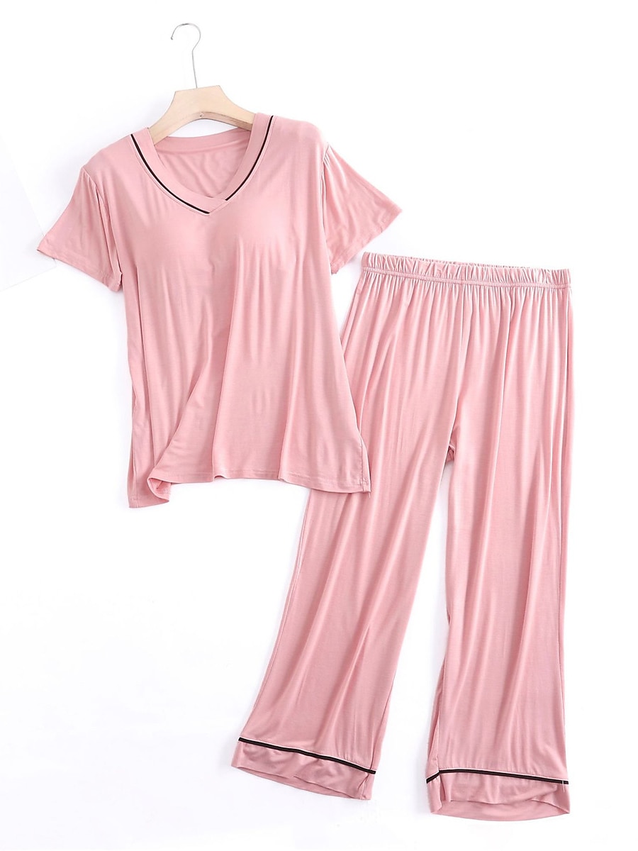 Women's Pajamas Sets Pure Color Fashion Simple Comfort Home Daily Bed Modal Breathable V Wire Short Sleeve T shirt Tee Pant Chest pads Summer Home Outfits 2025 - $29.99 –P4