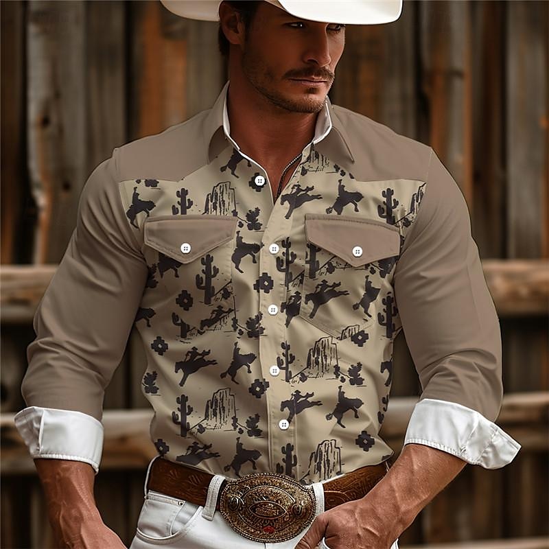 Men's Cowboy Western Shirt Button Up Shirt Cowboy Shirt Long Sleeve Vintage Western Style Daily Wear Weekend Spring Fall Winter Turndown Collared Shirts 3D Print Front Pocket Blue Brown Khaki 2025 - $32.99 –P8