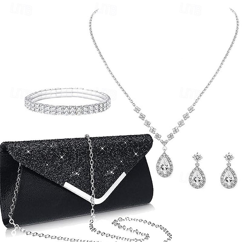 Sac à Main pour Femmes Ensemble de Bijoux en Diamant Aquatique Éclatant Collier Boucles d'Oreilles Bracelet 4 Ensemble Pochette de Mariage Cadeau de Noël de 2025 ? $27.99 –P4