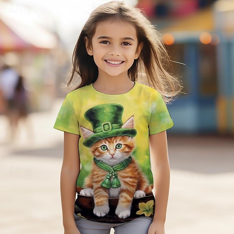 St. Patrick Girls' 3D Cat Four Leaf Clover Tee Shirt Short Sleeve 3D Print Summer Active Fashion Cute Polyester Kids 3-12 Years Crew Neck Outdoor Casual Daily Regular Fit 2025 - $11.99 –P2