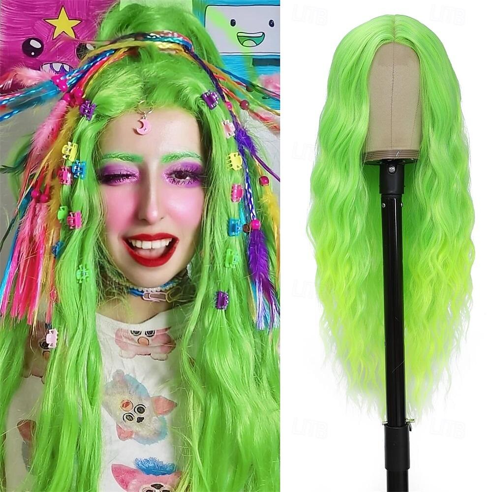 Halloween Peruki Długa Zielona Peruka Cosplay 71 cm z Środkowym Przedziałkiem Syntetyczna Peruka Realistyczne Karnawałowe Prezenty Peruki na Przyjęcia dla Kobiet Codzienne Kolorowe Peruki Peruki na 2025 - $22.99 –P2