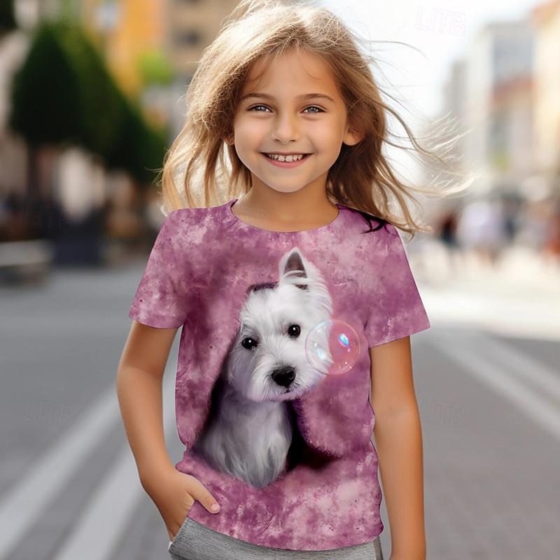 Tricou 3D pentru fete, model câine, roz, cu mânecă scurtă, imprimare 3D, vară, modă, drăguț, poliester, copii 4-12 ani, guler rotund, exterior, casual, zilnic, croială standard 2025 - $11.99 –P1