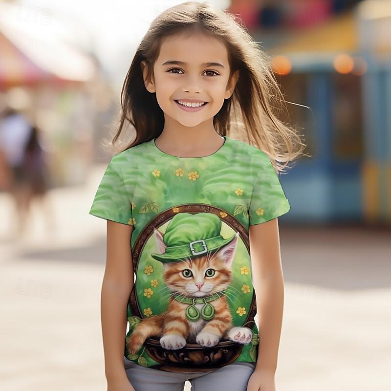 St. Patrick Girls' 3D Cat Four Leaf Clover Tee Shirt Short Sleeve 3D Print Summer Active Fashion Cute Polyester Kids 3-12 Years Crew Neck Outdoor Casual Daily Regular Fit 2025 - $11.99 –P5