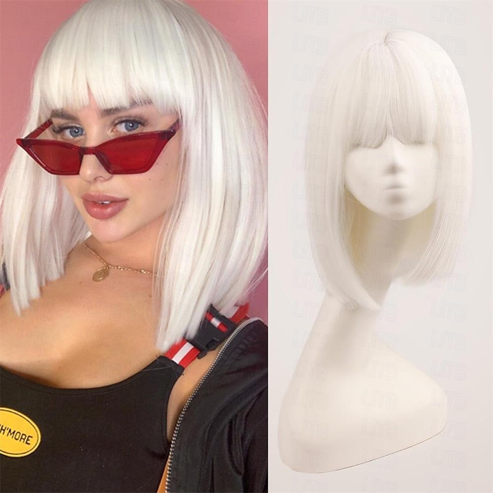 Parrucche Bob Bianche per Donne Parrucca corta bianca con frangia Parrucche Bob Lisce Sintetiche Parrucche quotidiane per feste Parrucchi di Halloween del 2025 a $18.99 –P3