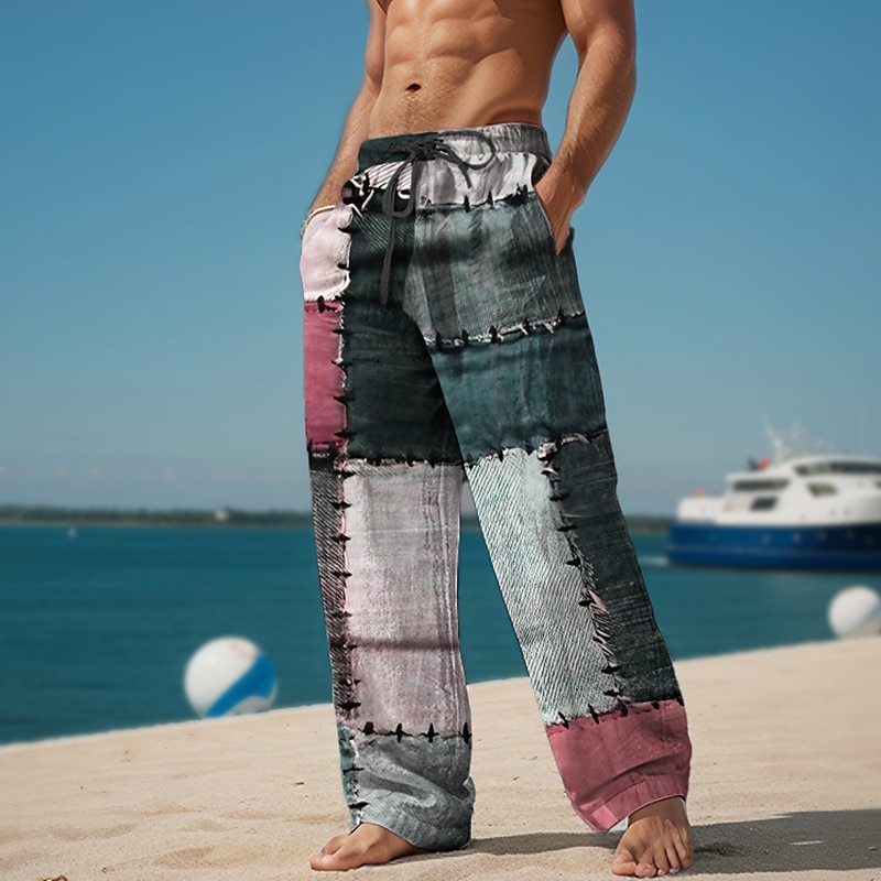 geruite kleurblok herenresort 3D-geprint casual broek broek elastische taille trekkoord losse pasvorm rechte pijpen zomerstrandbroek s tot 3xl 2025 - $25.99 –P8
