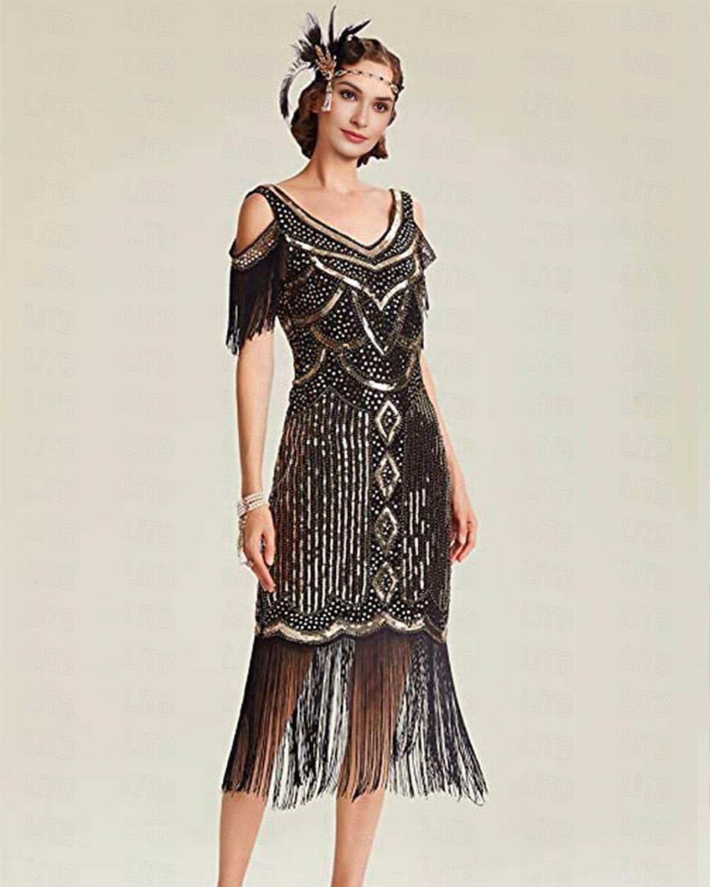 Retro Řvoucí 20s 20. léta 20. století Bubenové šaty Šaty Úbory Velký Gatsby Svatební host Flitry Třásně Dámské Večírek Plesová maškaráda Svatební hostina Dospělé Šaty Rukavice Náušnice Jaro léto Cel 2025 - $70.99 –P3