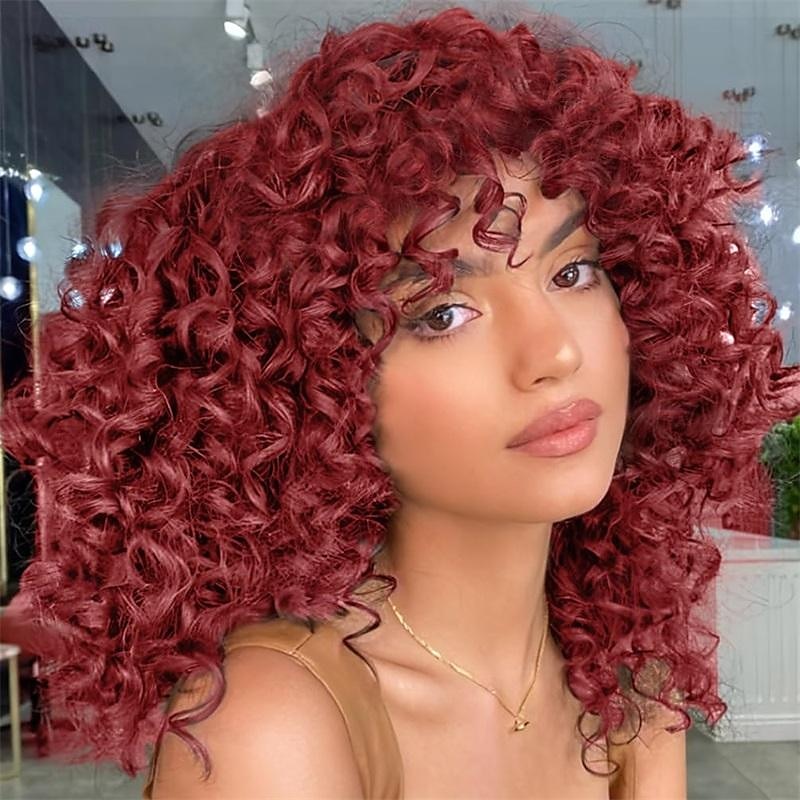 Parrucche Corte Ricce per Donne Nere - Ombre Marrone Colorato Afro Parrucche Sintetiche Ricce con Frangia Parrucche di Halloween del 2025 a $21.99 –P3
