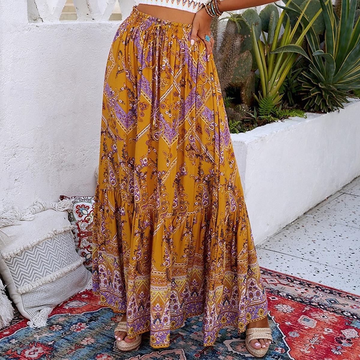 damkjol en linje gunga bohemia maxi hög midja kjolar tryck blommigt färgblock semester semester sommar casual boho gul 2025 - $23.99 –P1