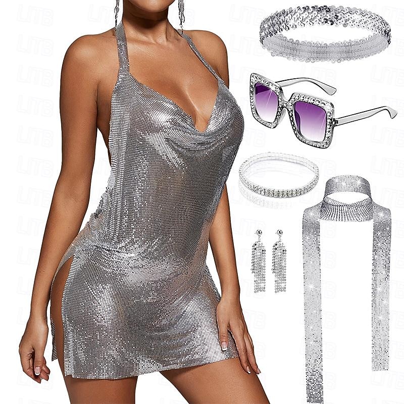 Metallic Sparkle Sexy Body Chain Mini Dress Disco Fancy Dress Women's  Carnival New Year Party / Evening Club Beach Adults' Dress 2026 - R$282.23