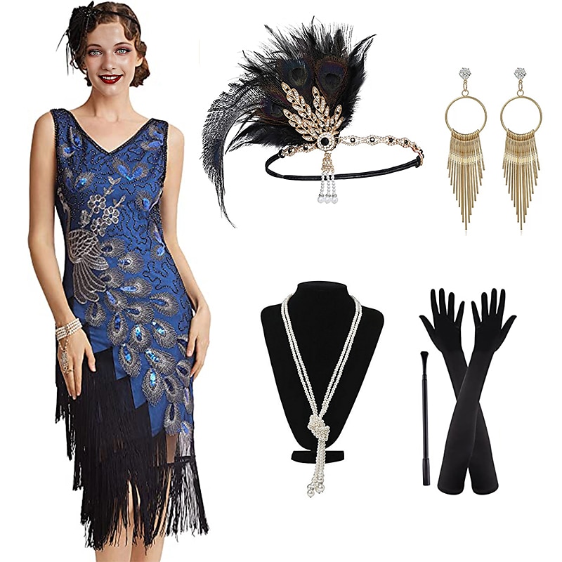 Retro Vintage Roaring 20s 1920s Flapper Dress Dress Outfits Necklace / Earrings The Great Gatsby Wedding Guest Sequins Tassel Fringe Women's Party / Evening Masquerade Wedding Reception Adults' Dress 2025 - $63.99 –P4