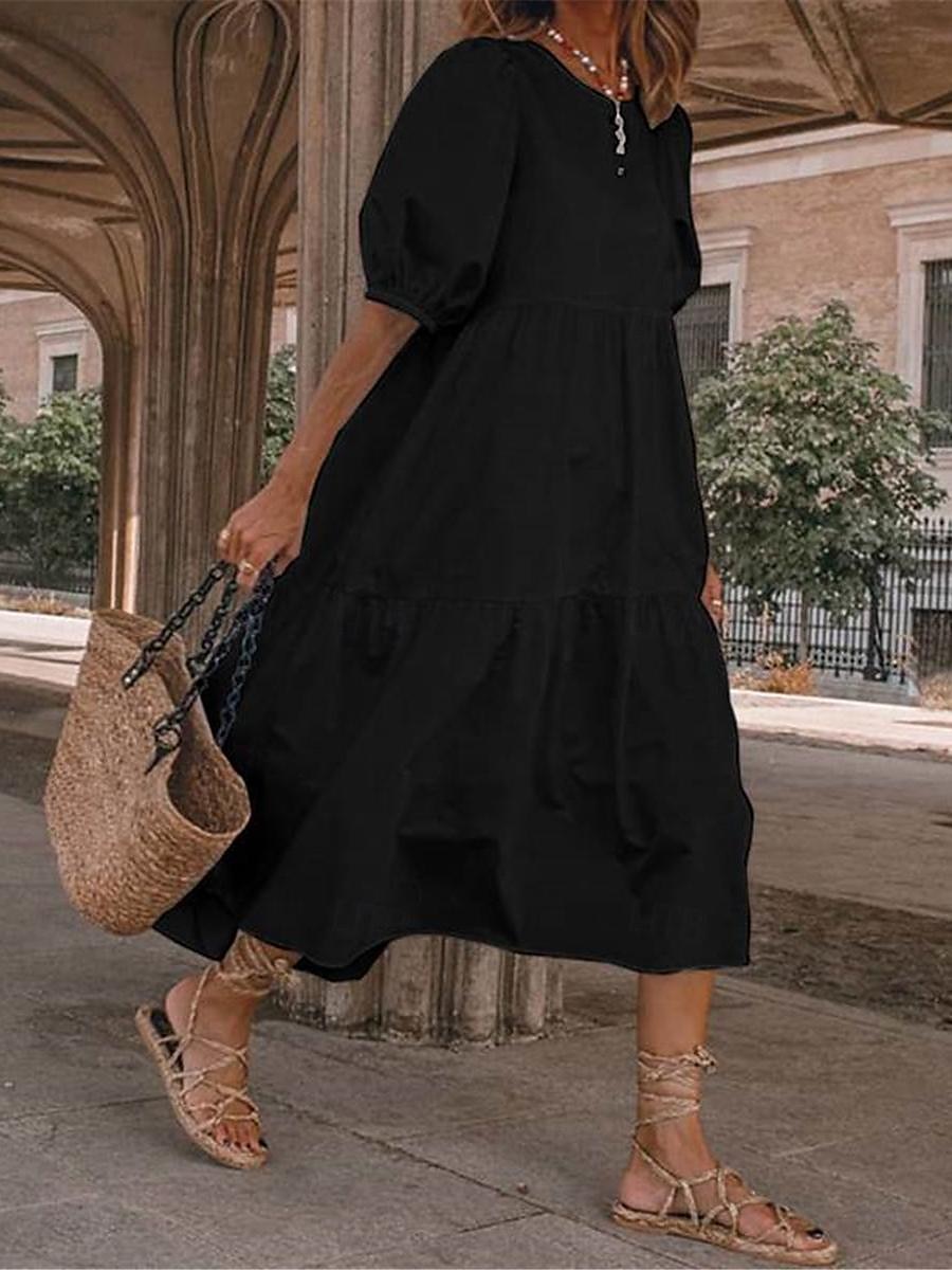 Damen mittellanges Kleid weiß gestuft Bohemian Stil kurze Puffärmel lässig fließend Strand Sommer atmungsaktive Baumwolle Kleidung Bekleidung 2025 - $46.99 –P3