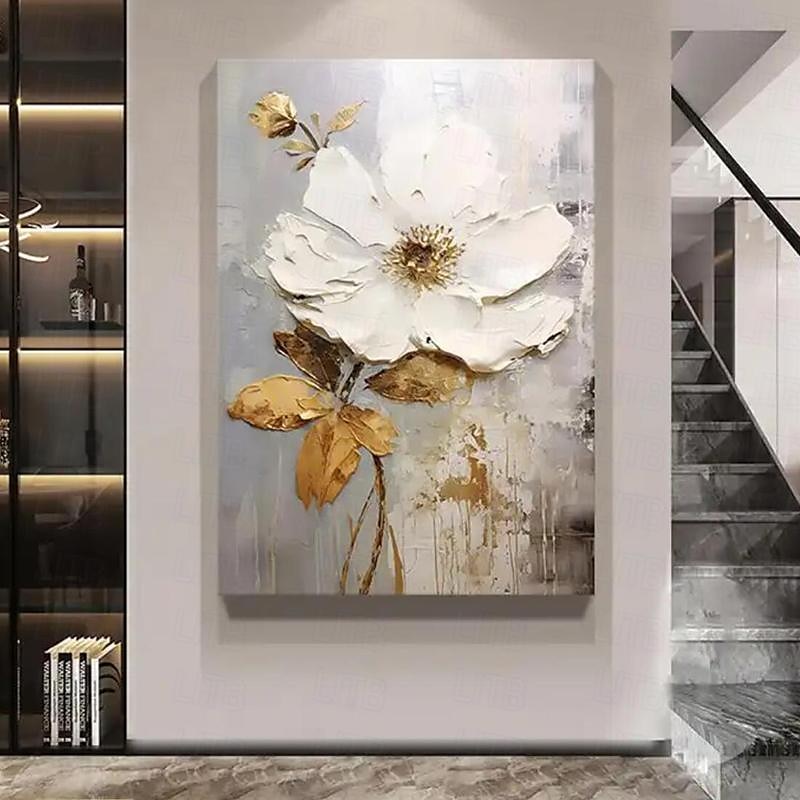 Handgemaltes großes Blumentexturgemälde, 3D-Texturgemälde, abstraktes Goldblumengemälde, originales goldenes Wandkunst-Blumengemälde für Wohnzimmer, Heimdekoration, gespannter Rahmen, fertig zum 2025 - $150.99 –P7
