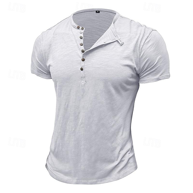 100%Cotton Men's T Shirt Henley Shirt Tee Short Sleeve Shirt Tee Top Plain Vintage Designer Basic Button Up Henley Vacation Street Casual Daily Spring Summer Black White Light Green Henley T-Shirt 2025 - $20.99 –P11