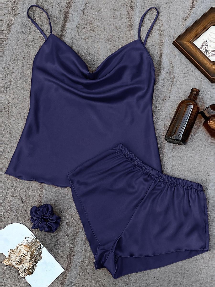pyjamassett for kvinner 3 deler ren farge moteelskere komfort hjem daglig seng sateng silke pustende stropper ermeløse stropp topp shorts ryggløs elastisk midje sommer vår hjemmeantrekk 2025 - $19.49 –P6