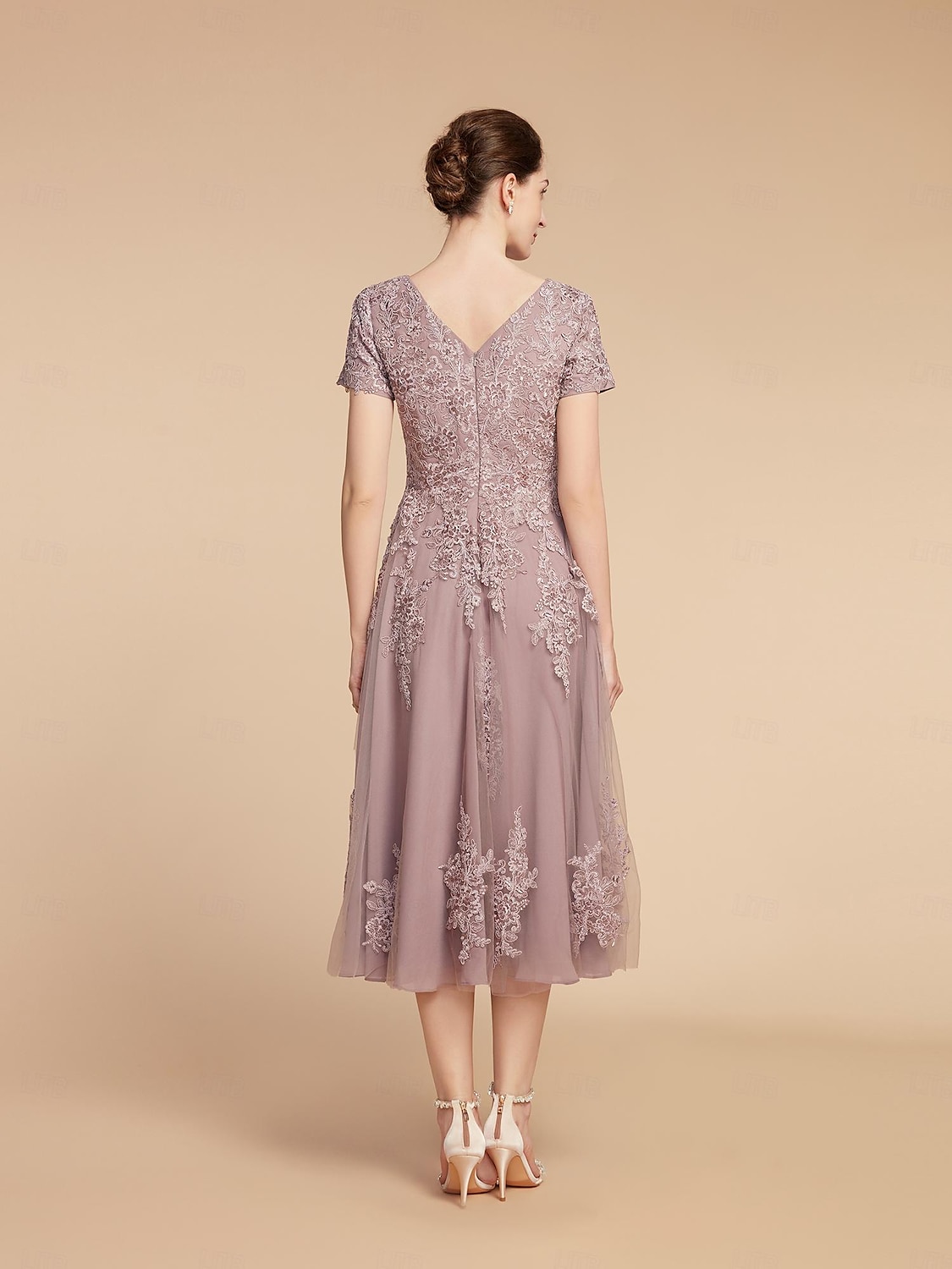 A-Line Mother of the Bride Dress Wedding Guest Elegant Petite Jewel Neck Tea Length Lace Tulle Short Sleeve with Ruching Flower 2025 free custom size 2025 - $201.99 –P3