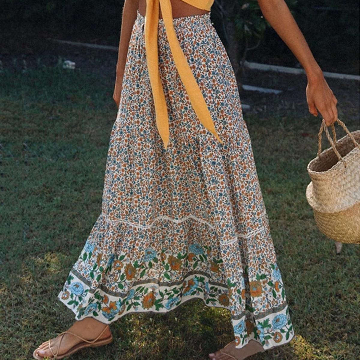spódnica damska linia swing bohemia maxi spódnice z wysokim stanem kwiatowy wzór kwiatowy wakacje wakacje lato casual boho morela czerwony 2025 - $26.99 –P5