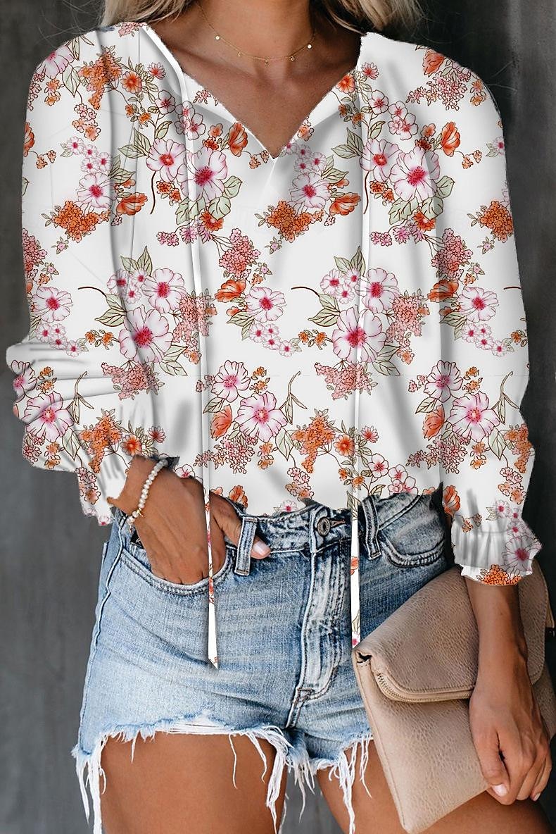 camicia da donna camicia boho camicetta moda floreale geometrico con lacci stampa manica lunga top regolari scollo a V casual festa nero bianco rosa vino rosso primavera& autunno del 2025 a $27.99 –P8