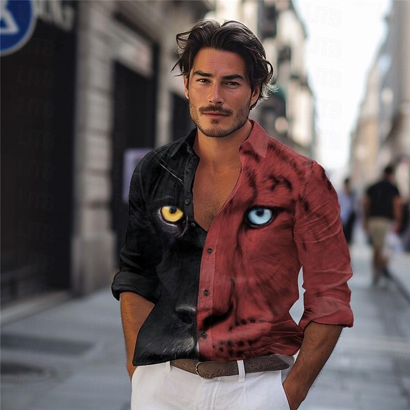 Herren Leopard Hemd Knopfhemd Langarm Abstrakt Brautkleider schlicht Freizeitskleidung Ausgehen Frühling Umlegekragen Bedruckt Button-Down Rote Blau Braun Grau 2025 - $26.99 –P2