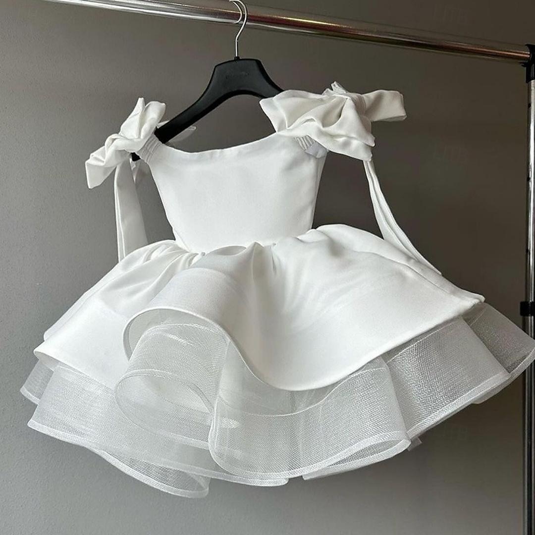 Blumenmädchenkleid Mädchen Party Kleid Leistung Hochzeit Party Prinzessin Süß Gitter Feste Farbe Ärmellos Schulterfrei Weiß 2-12 Jahre 2025 - $47.99 –P1