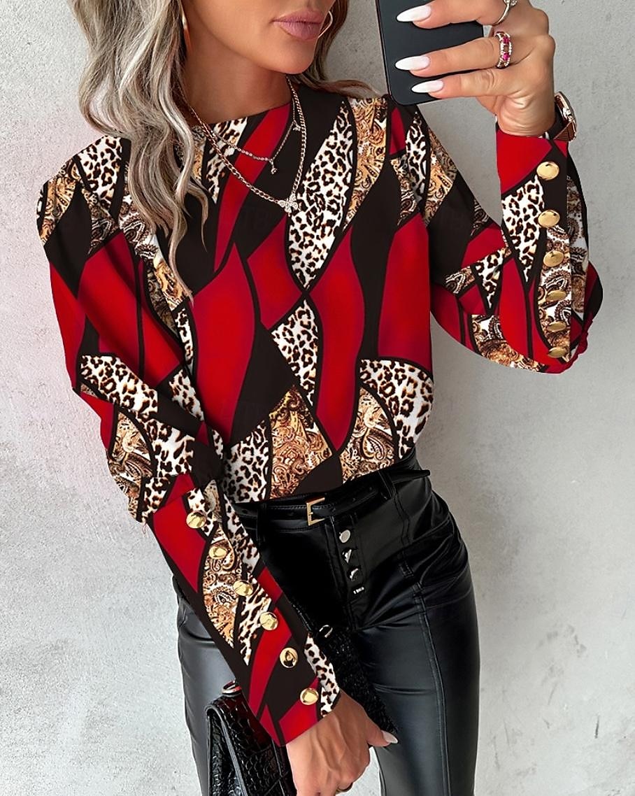 camicetta da donna elegante color block bottoni stampa maniche raglan manica lunga girocollo casual giallo rosso blu verde primavera&amp; estate del 2025 a $26.99 –P1